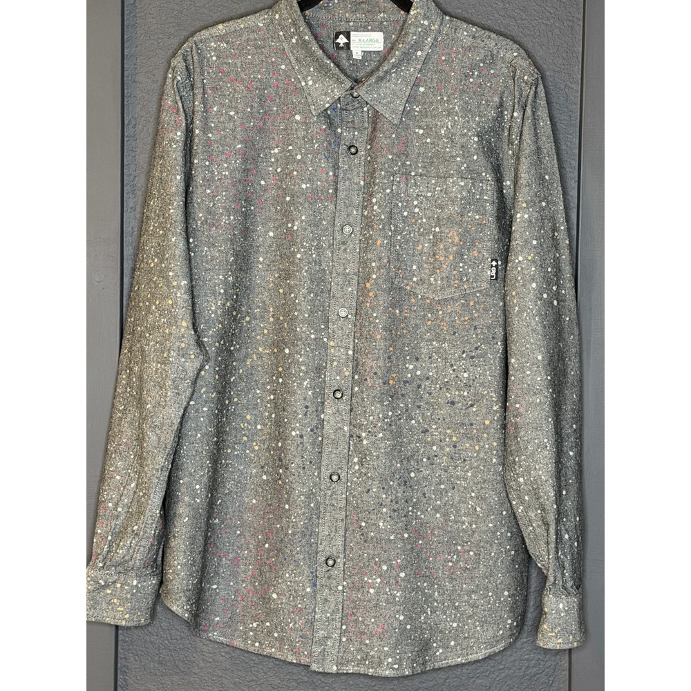 LRG Lifted Research Group Mens XL Grey Paint Splatter Button Down Shirt L/S